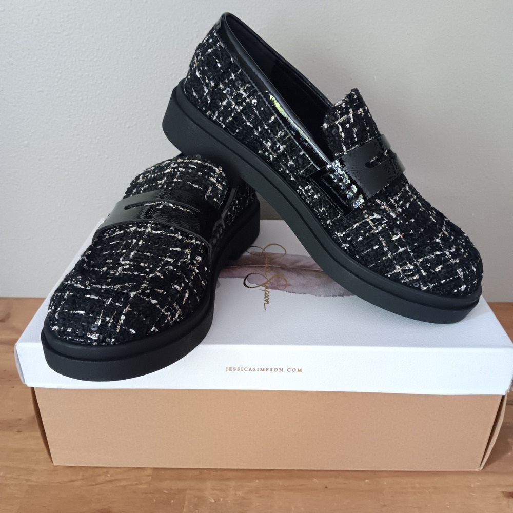 Jessica Simpson Xuris Loafers Womens 9.5M Black Sequin Tweed JS-XURIS Lug Sole